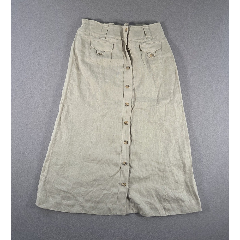 Soft Surroundings Skirt Womens Medium Tall Beige Linen Maxi Button Front 32"